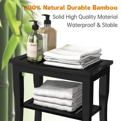 Bamboo Shower Bench & Stool Waterproof - Wood Shower Bench with Storage Shelf for Inside Shower(Black)