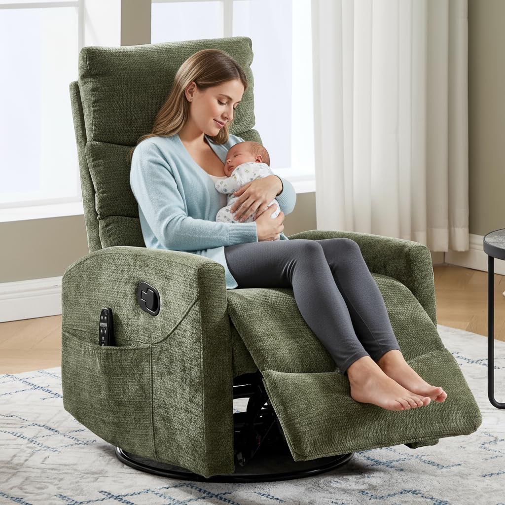 PELUMY Manual Recliner Chair with Heat & Vibration Massage, 360° Swivel Rocker Recliner with 155° Recline and Lumbar Heat, Compact Recliner for Living Room & Small Spaces (Chenille, Green) PELUMY