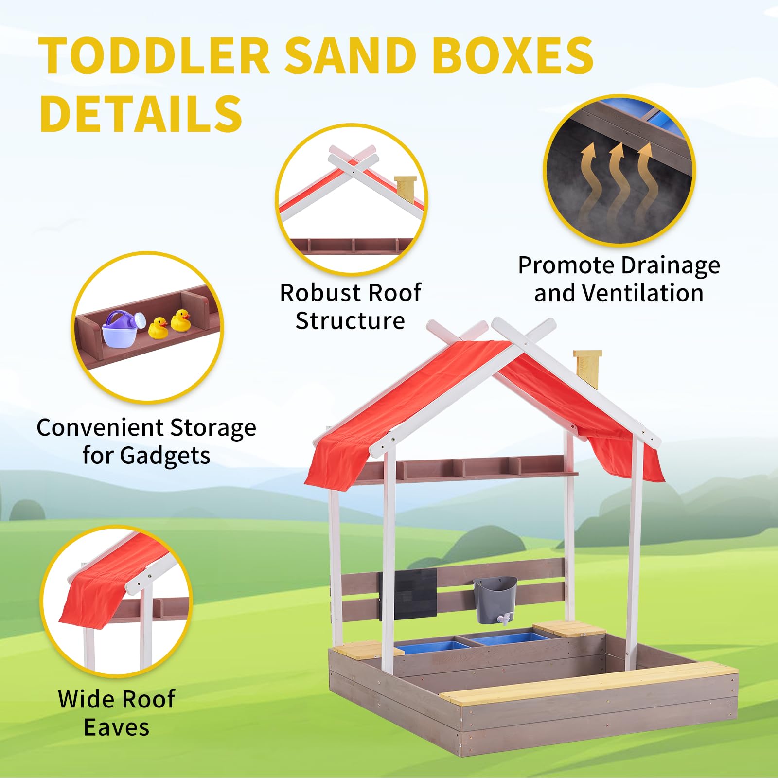 Kids Wooden Sandbox with Cover, 45'' Pipleo Outdoor Sand Box Play with Lid, Drawing Board, Sink, Shelf, Kids Sand Boxes for Backyard Garden Beach, Children Playset Sandpit (Natural Wood) - WoodArtSupply