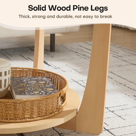 BECHAEO 31.5'' Round Coffee Table with Solid Wood Pine Legs, 2-Tier Retro Round Coffee Table with Storage Shelf, Small Modern Wood Circle Coffee Table Boho Round Center Table for Living Room (Natural) BECHAEO