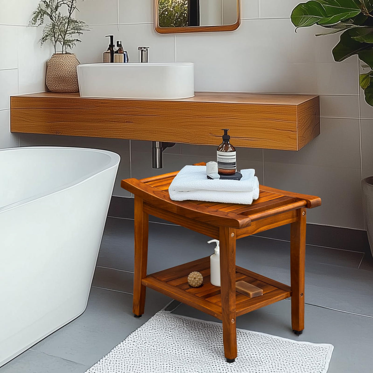 TEAKMAMA Teak Shower Bench with Handles 20" Waterproof Bathing Teak Wood Bench Shower Stool with Storage Towel Shelf Bath Stool for Indoor Use Easy Assembly TEAKMAMA