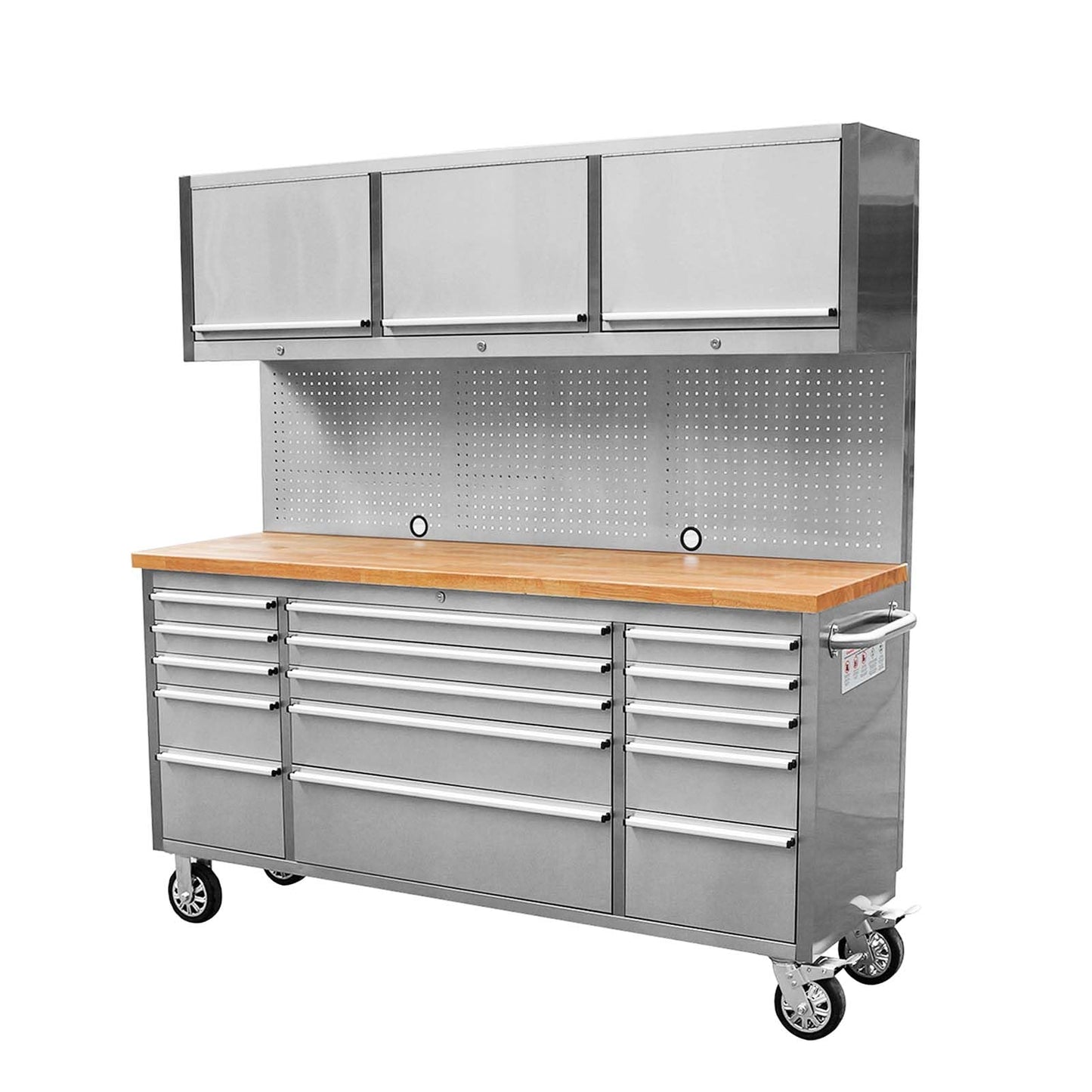 CHETTO C 72 inch Tool Chest Rolling Tool Box Large Tool Cabinet with 15 Storage Drawers Wheels 3 Upper Cabinet SS-Pegboard Workbench Stainless Steel