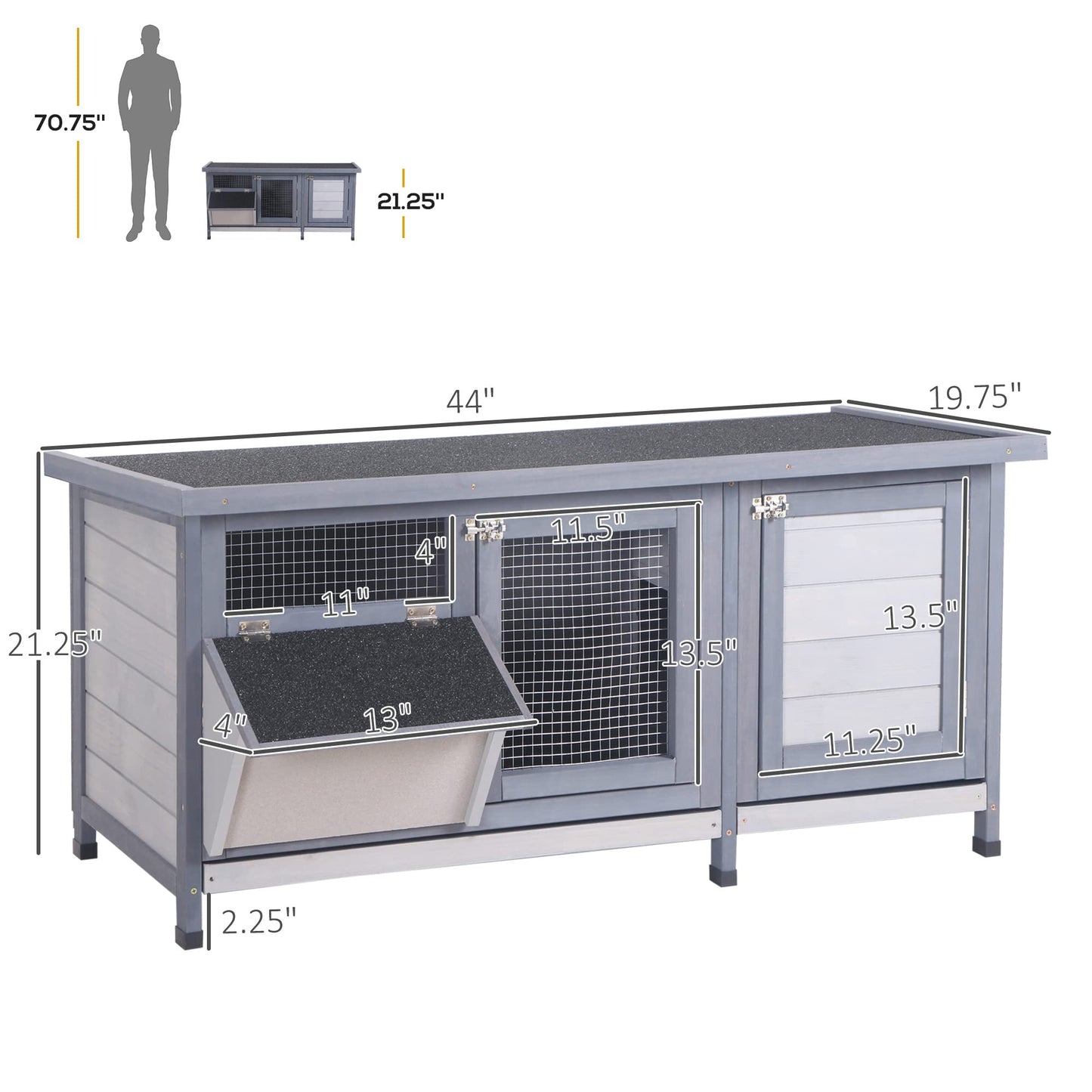 PawHut Wooden Rabbit Hutch Bunny Hutch Cage Guinea Pig with Waterproof Roof, No Leak Tray and Feeding Trough, Indoor/Outdoor, Gray - WoodArtSupply