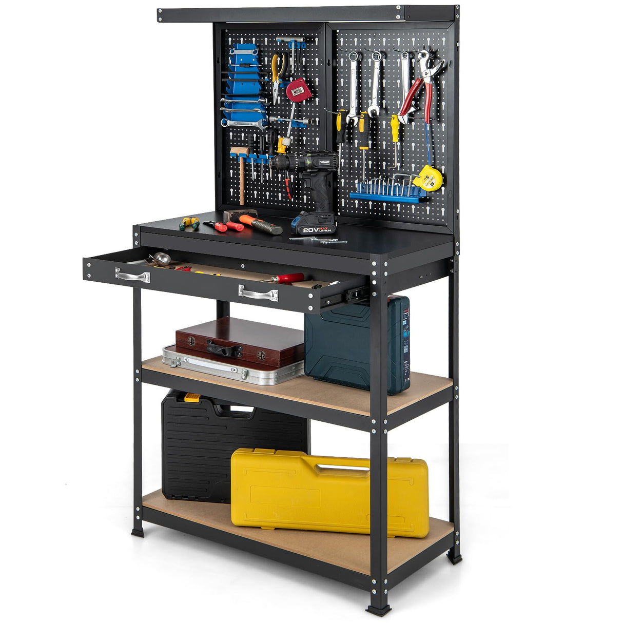 Goplus Workbench with Pegboard, 32" x 16" Multi-use Workbench with 2 Tires of Shelves, Topping Space, Drawer, Robust Metal Frame, Heavy-Duty Work Table Tool Storage Bench for Workshop Garage Goplus