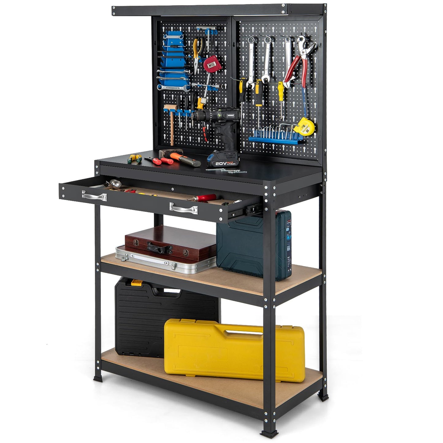 Goplus Workbench with Pegboard, 32" x 16" Multi-use Workbench with 2 Tires of Shelves, Topping Space, Drawer, Robust Metal Frame, Heavy-Duty Work Table Tool Storage Bench for Workshop Garage - WoodArtSupply