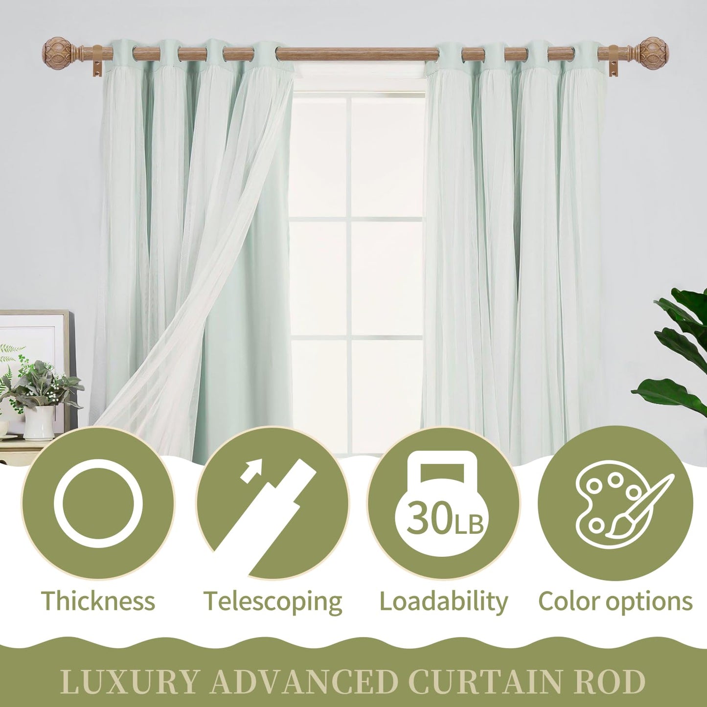 TANGWIN Wood Curtain Rods for Windows 48 to 84 Inch(4-7ft),1 Inch Adjustable Curtain Rod,Heavy Duty Curtain Rods,Wooden Netted Texture Finials Drapery Rods,Single Window Curtain Rod 36-88",Br - WoodArtSupply