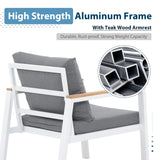 JOIVI Aluminum Patio Furniture Set 5 Pieces Outdoor Conversation Set with Teak Coffee Table & Cushion, Outdoor Patio Furniture Sectional Patio Sofa Outside Furniture for Deck, Backyard, White JOIVI