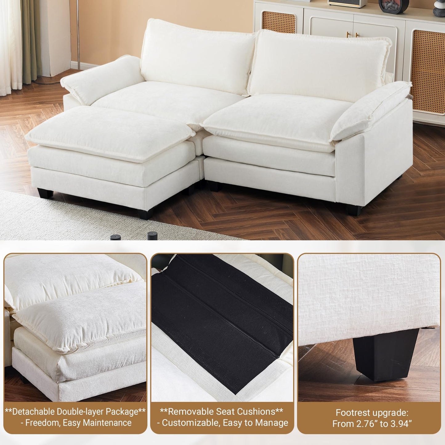 VINGLI 87" Convertible Sectional Sofa,L-Shaped Deep Seat Sofa Couch for Living Room,Modern 2-Seat Loveseat Sofa with Ottoman for Small Space(Creamy White, 87")