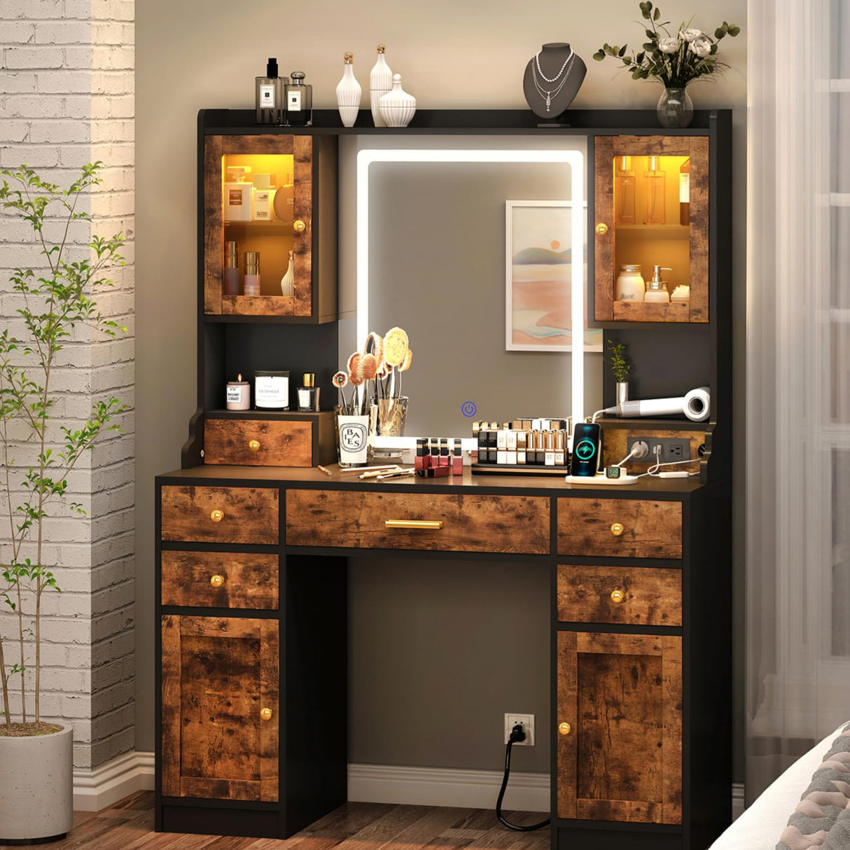 Vanity Desk with Mirror and Power Outlet, 41.3'' Large Make up Vanity Table with 6 Storage Drawers & RGB Cabinets, Dressing Table with 3 LED Lighting Modes Adjustable, for Girls, Women, Rustic Brown Aiguazi
