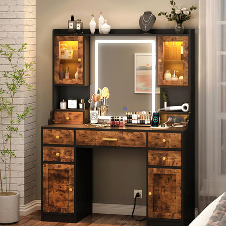Vanity Desk with Mirror and Power Outlet, 41.3'' Large Make up Vanity Table with 6 Storage Drawers & RGB Cabinets, Dressing Table with 3 LED Lighting Modes Adjustable, for Girls, Women, Rustic Brown Aiguazi