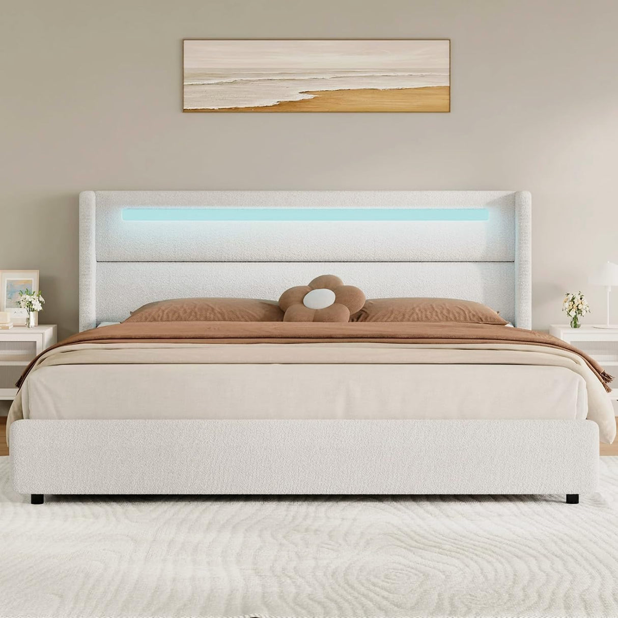 HOMBCK King Size Bed Frame with LED Lights and Headboard, Boucle Upholstered Platform Bed with Wingback Design, Modern Soft Bed Frame, No Box Spring Needed, Easy Assembly, Beige HOMBCK