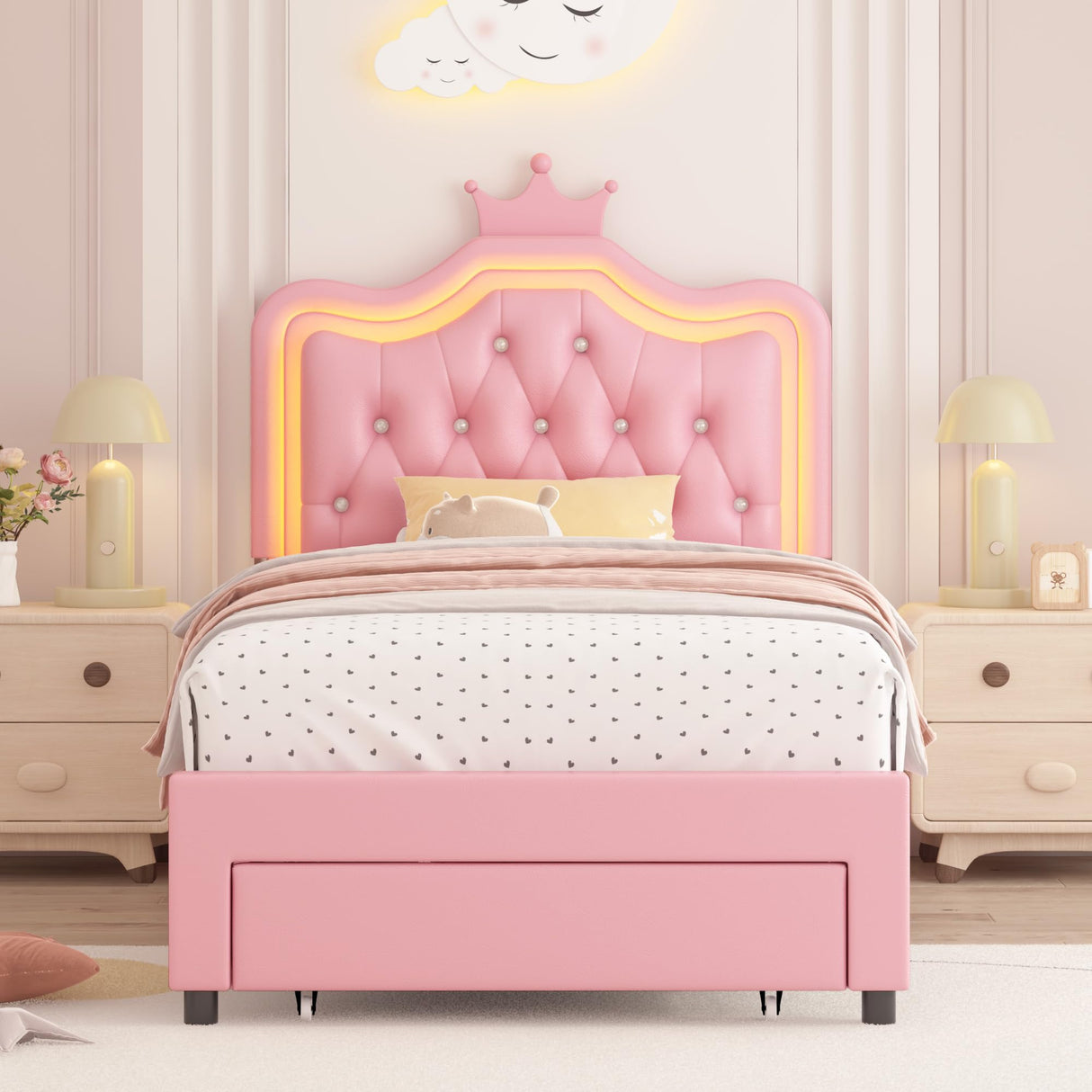 Keyluv Twin Upholstered LED Bed Frame with Storage Drawer, Leather Princess Platform Bed with Adjustable Crystal Button Tufted Crown Headboard, Solid Wooden Slats Support, No Box Spring Needed, Pink Keyluv