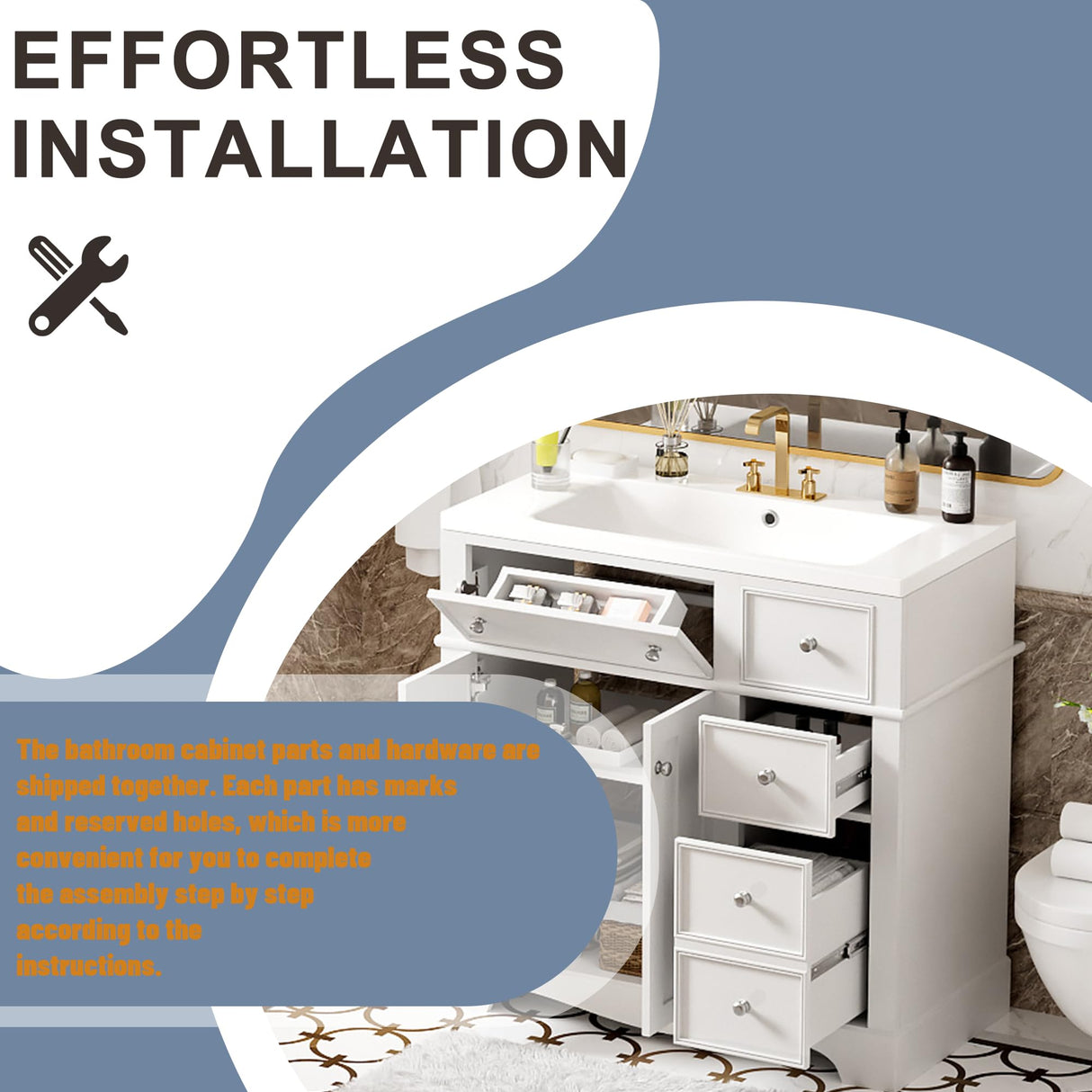 36 Inch Bathroom Vanity with Sink, Bathroom Vanities 36-Inch with Sink, Modern 36 Bathroom Sink Vanity with 2 Drawers, 1 Flip Drawer and Cabinet for Bathroom No Mirror (White) Mirightone