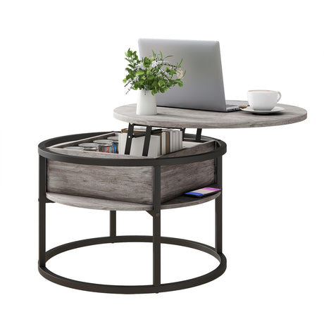 HOJINLINERO Round Coffee Table with Storage,Lift Top Coffee Table for Living Room Reception Room,2 Tier Small Round Table Dining Center,Grey HOJINLINERO