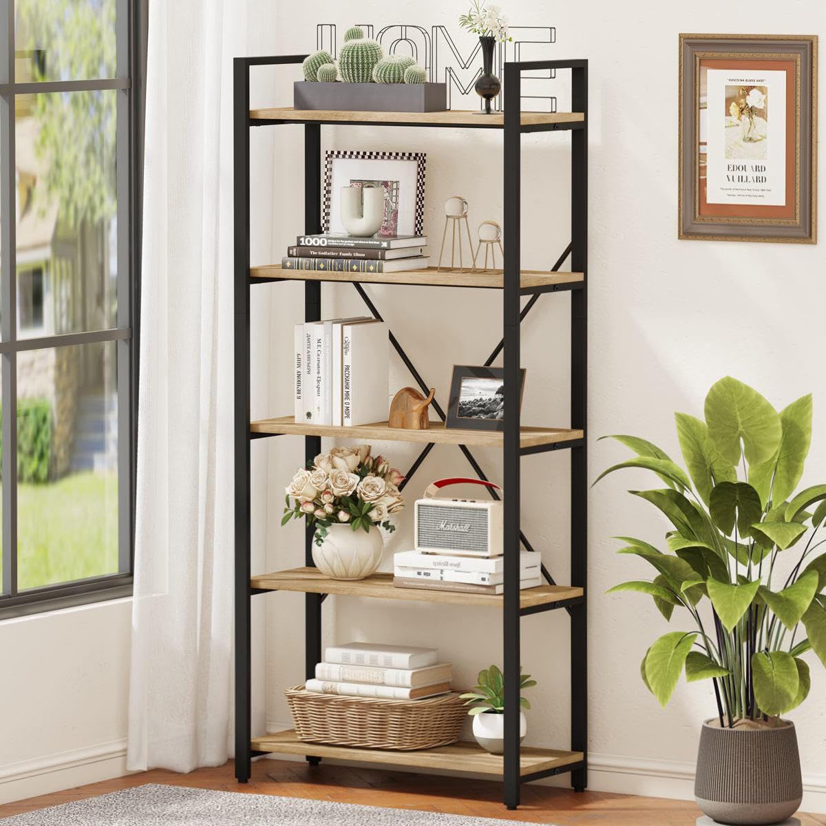 FATORRI 5-Tier Rustic Oak Industrial Bookshelf – Stylish Wood and Metal Etagere Bookcase - WoodArtSupply