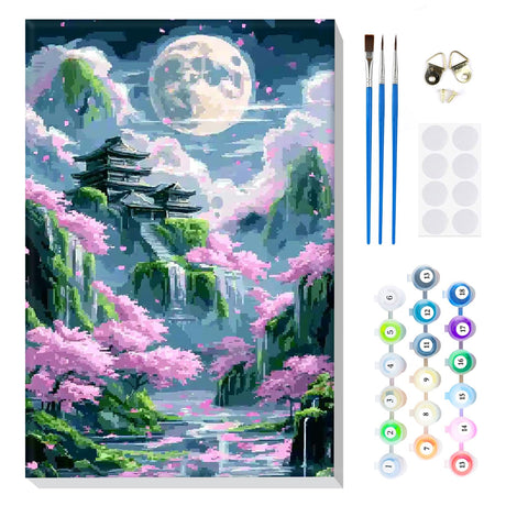 MOGTAA Landscape Paint by Number Kit for Adults Beginners Framed, Adult Paint by Number Kits On Canvas, Easy Adults' Paint-by-Number Kits, DIY Moon Flowers Oil Painting Kits for Home Decor, 8x12in MOGTAA