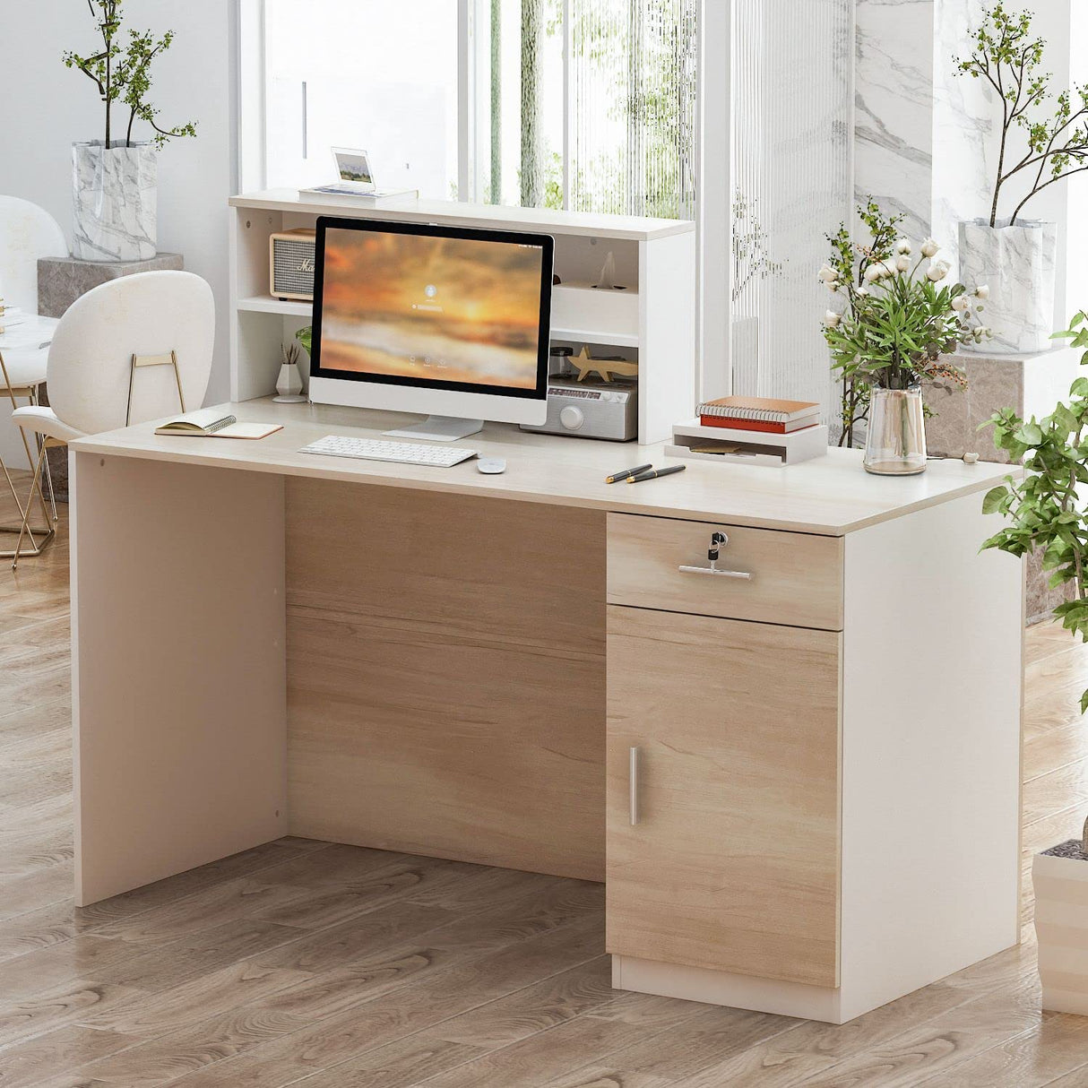 FAMAPY Reception Desk Retail Counter with Lockable Drawer & Shelves, Front Desk Reception Table for Salon Lobby Shop White and Oak 55.1'W x 23.6'D x 43.3'H FAMAPY