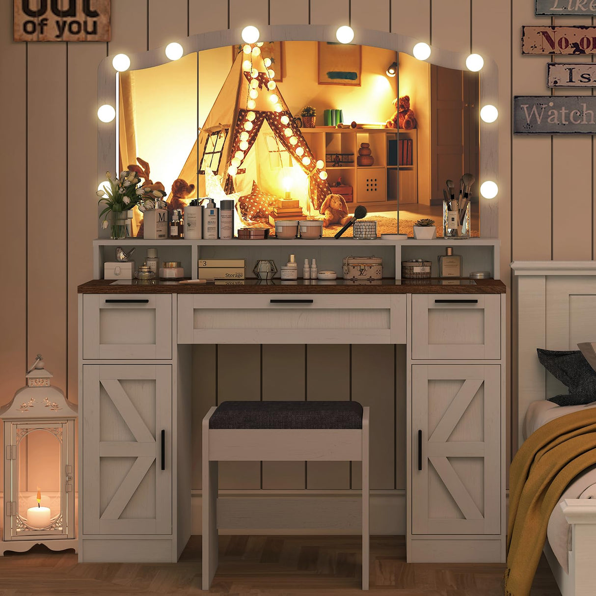 usikey Farmhouse Vanity Desk with Large Lighted Mirror and 10 Lights, 43.3" Glass Tabletop Makeup Vanity with 3 drawers, Large Vanity Tabel Set with Long Shelf, 2 Cabinets and Stool, Antique White usikey