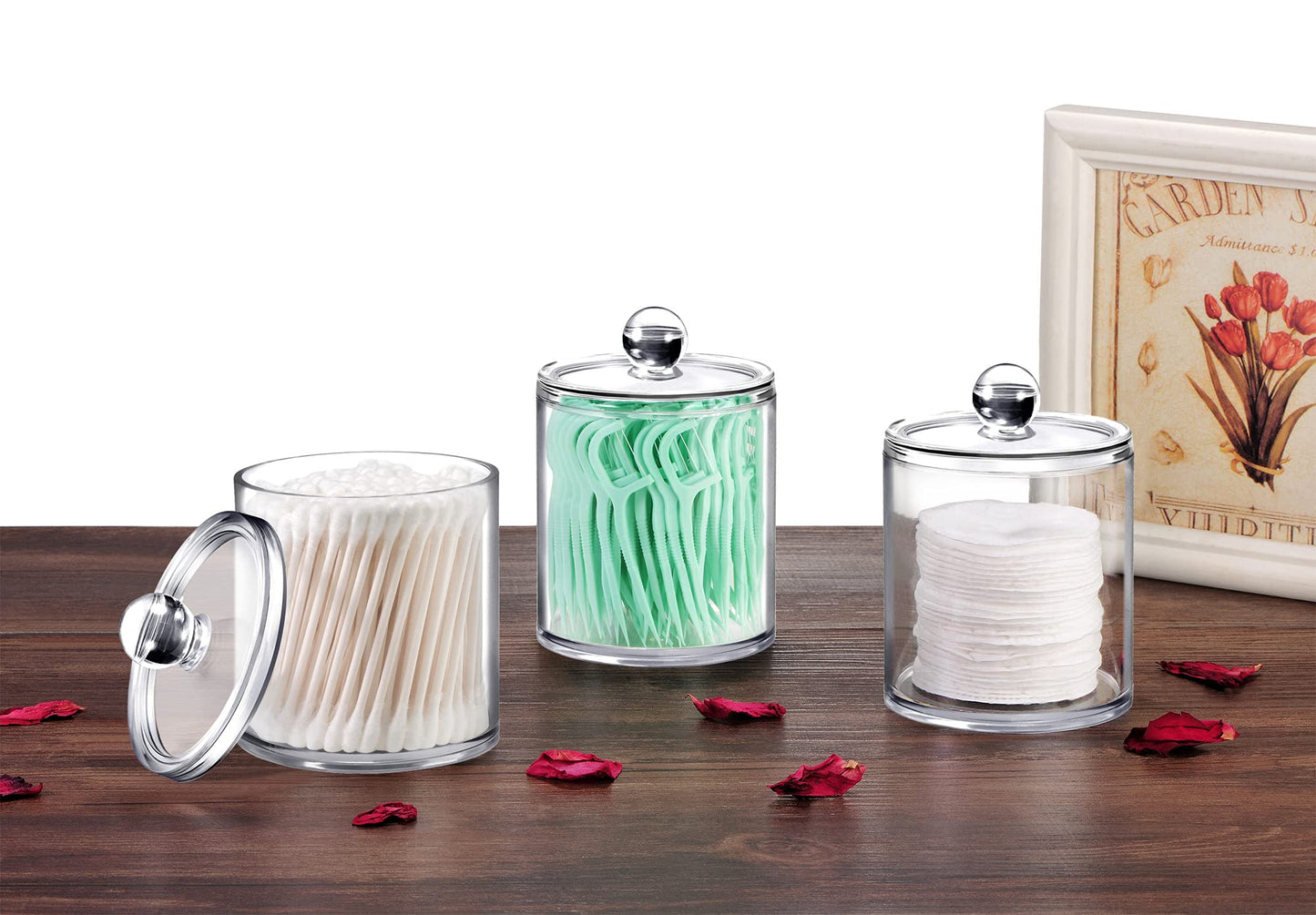 6 Pack Qtip Dispenser Apothecary Jars Bathroom with Labels - Qtip Holder Storage Canister Clear Plastic Acrylic Jar for Cotton Ball,Cotton Swab,Cotton Rounds,Floss Picks, Hair Clips (Clear)