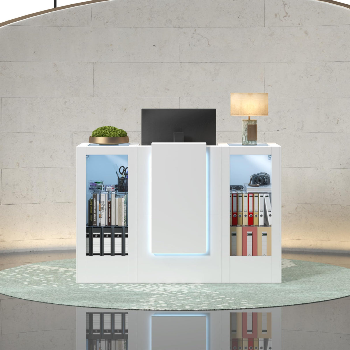 WOODTIME Reception Desk with LED Light & Keyboard Tray, Retail Counter with Cabinet & Glass Adjustable Shelves, Checkout Counter Table for Office Clinic Retail Lobby Salon, White WOODTIME