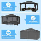 Yardenaler 12x16 FT Hardtop Gazebo Canopy with Double Polycarbonate Roof, Permanent Outdoor Pavilion with Curtain & Mesh Netting for Patio, Garden, Backyard, Gray Yardenaler