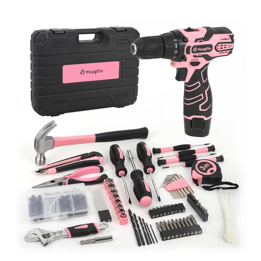 YOUGFIN Pink Drill Set for Women, Tool Kit with Drill 12V or Home Office Repairing & Improvement, Household Drill Set Power Tool with Pink Tool Box 195 Pieces