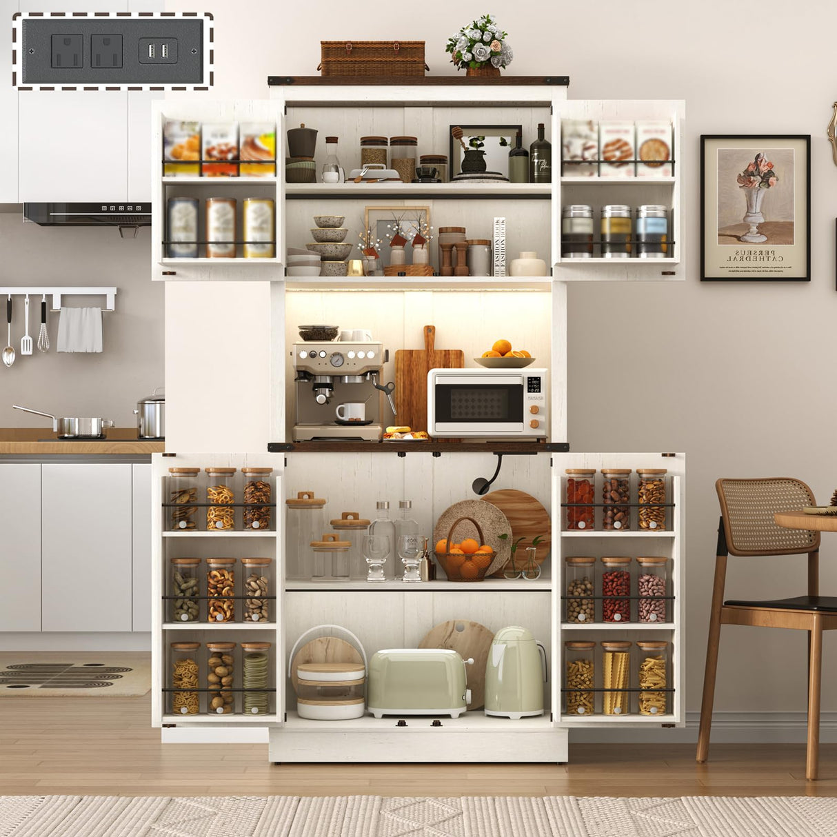 72" Tall Farmhouse Kitchen Pantry Cabinet with LED Light and Power Outlet,Modern Farmhouse Kitchen Storage Cabinet w Load-Bearing Steel Pipe,Barn Doors, Organizer,Food Pantry Cabinets(White) chartustriable