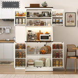 72" Tall Farmhouse Kitchen Pantry Cabinet with LED Light and Power Outlet,Modern Farmhouse Kitchen Storage Cabinet w Load-Bearing Steel Pipe,Barn Doors, Organizer,Food Pantry Cabinets(White) chartustriable