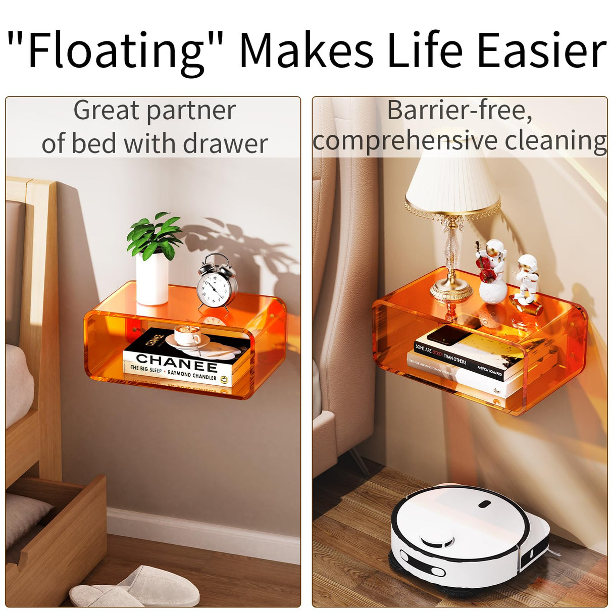 Dewrhiixe Acrylic Floating Nightstand, Bedside Table, Nightstand Shelf Wall Mounted Bedside Shelf (Orange, Small) Dewrhiixe