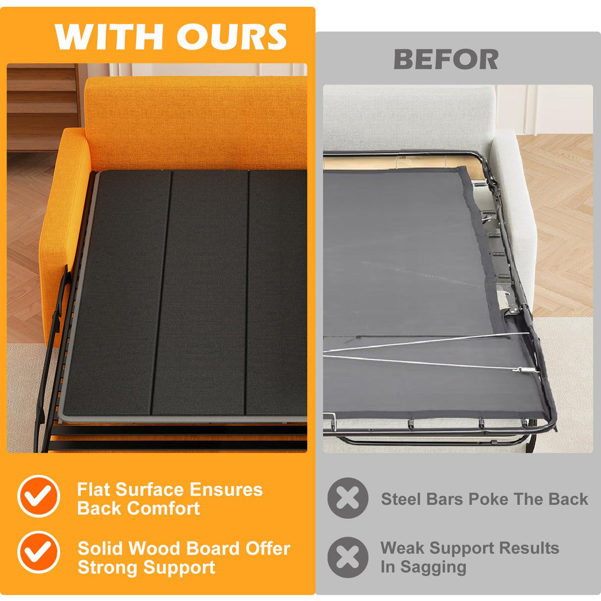 LAVEVE Sleeper Sofa Support Board 48''x60'' Queen Size, Heavy Duty Solid Wooden Mattress for Pull Out Sofa Bed, Foldable Design Bunkie Board Couch Accessories, Enhanced Weight-Bearing Capacity LAVEVE