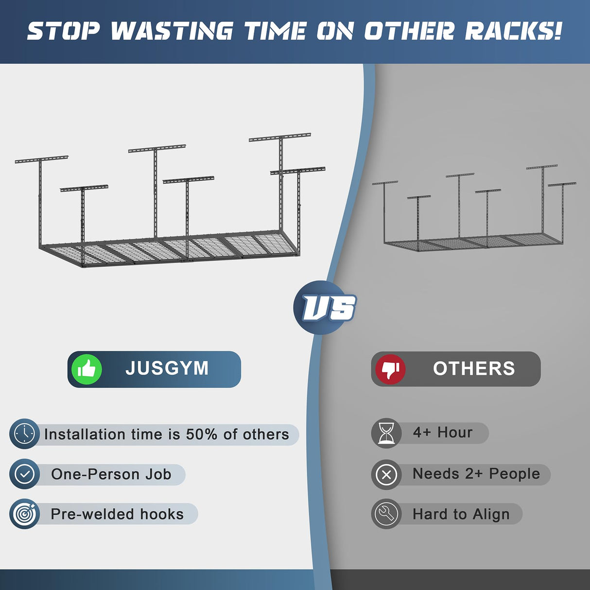 Jusgym 4X8FT Overhead Garage Storage Rack, 22"-48" Height Adjustable Garage Ceiling Storage Racks, Heavy Duty Metal Overhead Storage Organizer System, 750LBS Weight Capacity Jusgym