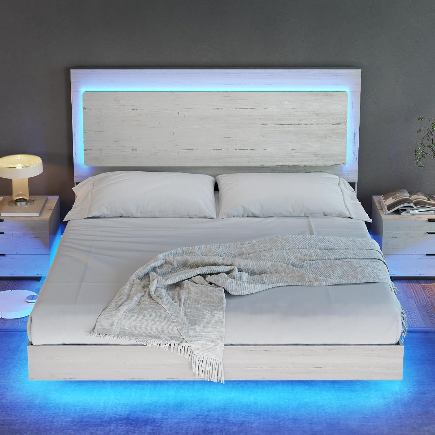 AMERLIFE Distressed White Floating Queen Bed Frame with Reclining Headboard and RGB LED Lighting - WoodArtSupply