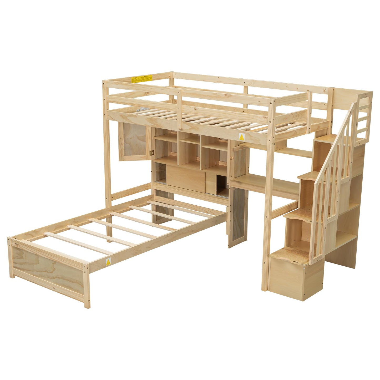 Harper & Bright Designs Twin Size Loft Bed with Built-in Desk and Staircase, Wood Twin Over Twin Bunk Bed with Storage Compartments and Shelves, L-Shaped Design, Natural