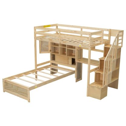 Harper & Bright Designs Twin Size Loft Bed with Built-in Desk and Staircase, Wood Twin Over Twin Bunk Bed with Storage Compartments and Shelves, L-Shaped Design, Natural