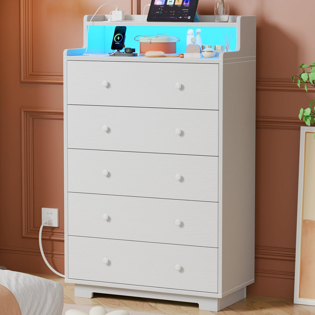 Furnulem Tall Chest of Drawers for Bedroom,5 Drawer Dresser with Charging Station and LED Light,Wood Deep Slide Drawer for Clothes,Blanket in Living Room, Closet,Entryway,White Dresser Furnulem