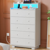 Furnulem Tall Chest of Drawers for Bedroom,5 Drawer Dresser with Charging Station and LED Light,Wood Deep Slide Drawer for Clothes,Blanket in Living Room, Closet,Entryway,White Dresser Furnulem