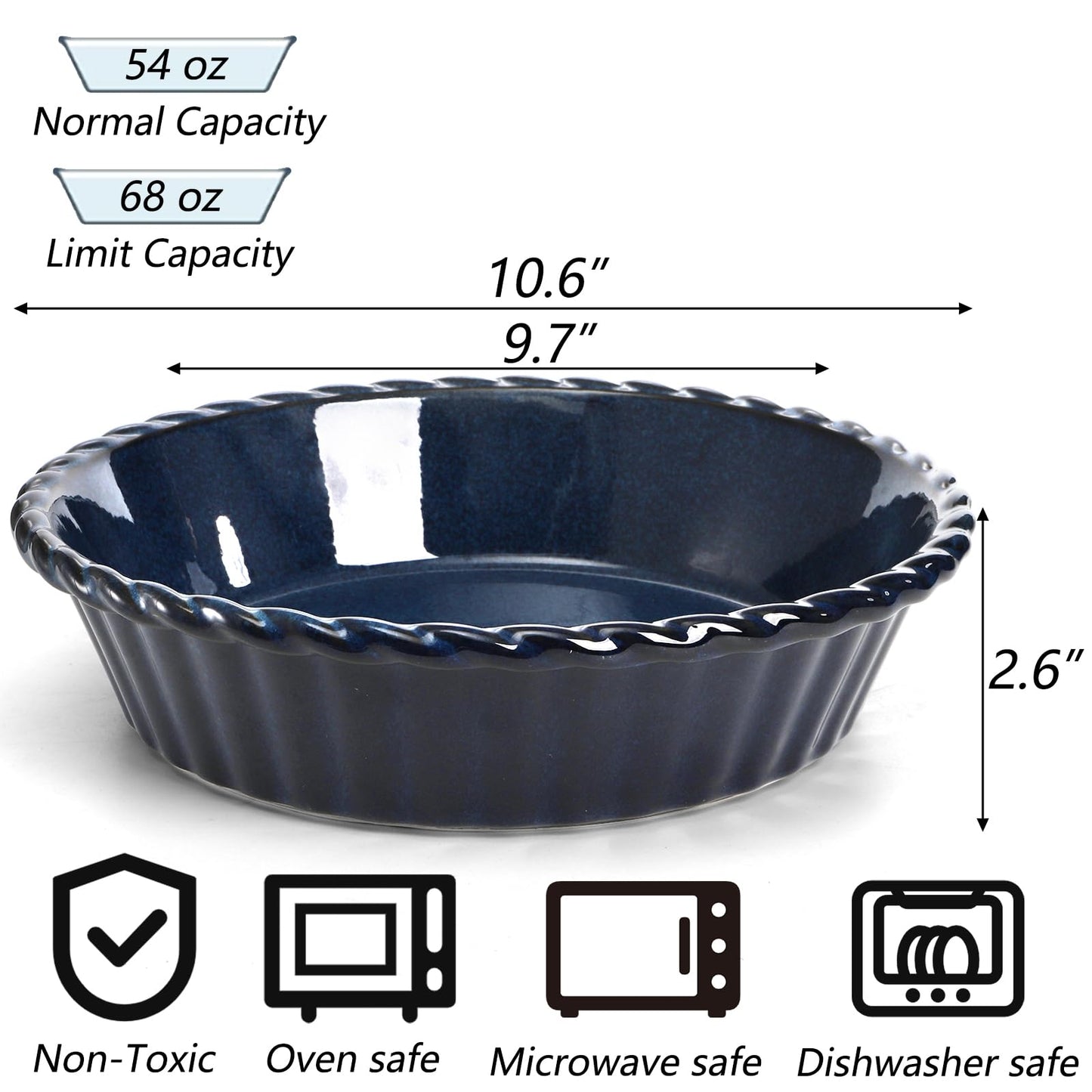 Peohud 2 Pack Ceramic Pie Pans, 10 Inch Deep Fluted Pie Plate, 54 Ounce Round Baking Dish for Quiche, Apple Pecan Pie, Pot Pie, Blue