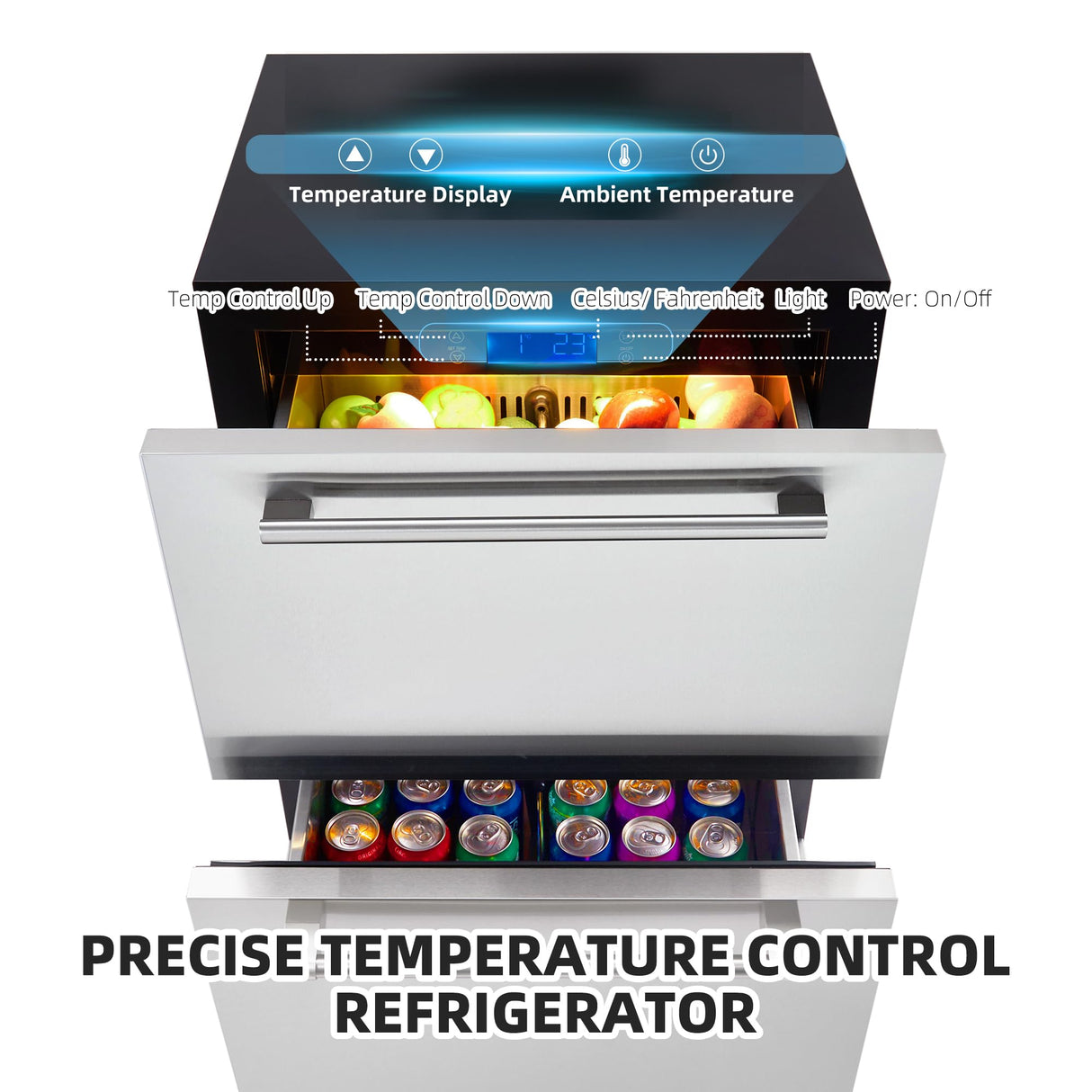 Garvee 24 Inch Outdoor Drawer Fridge, Counter Double Drawer Beverage Refrigerator, 5.2 Cu.Ft. Weather Proof Stainless Steel Built-in Fridge for Residential Commercial Use Black Garvee