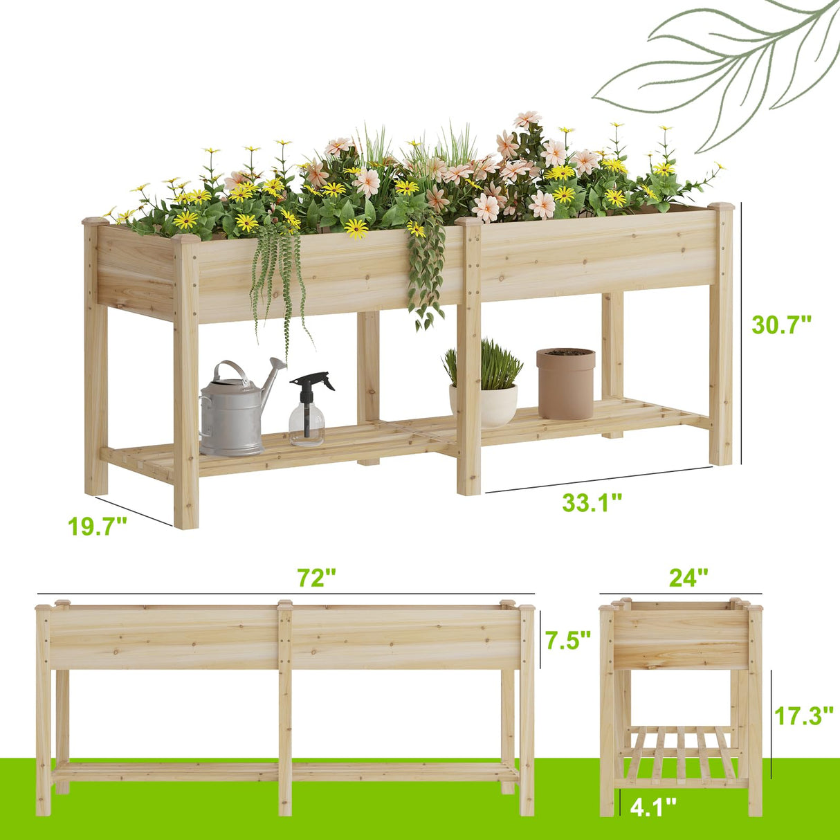 Raised Garden Bed, Planter Box with Storage Shelf, Elevated Wooden Planter Box with Legs, Garden Planter for Backyard, Patio, Balcony, Natural Wood (Natural, L) Dawnyard