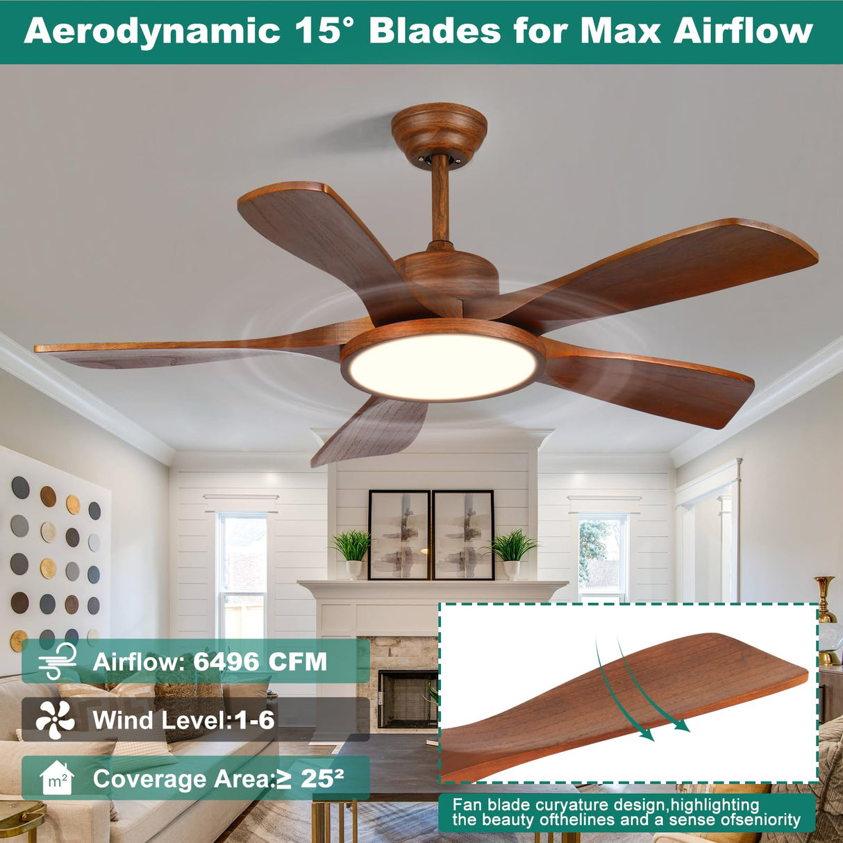 LINJO Outdoor Wood Ceiling Fan With Lights and Remote Control 5 Solid Wooden Blades 42 Inch Modern Farmhouse Ceiling Fan Light for Patios Living Room FCC Reversible DC Motor LINJO