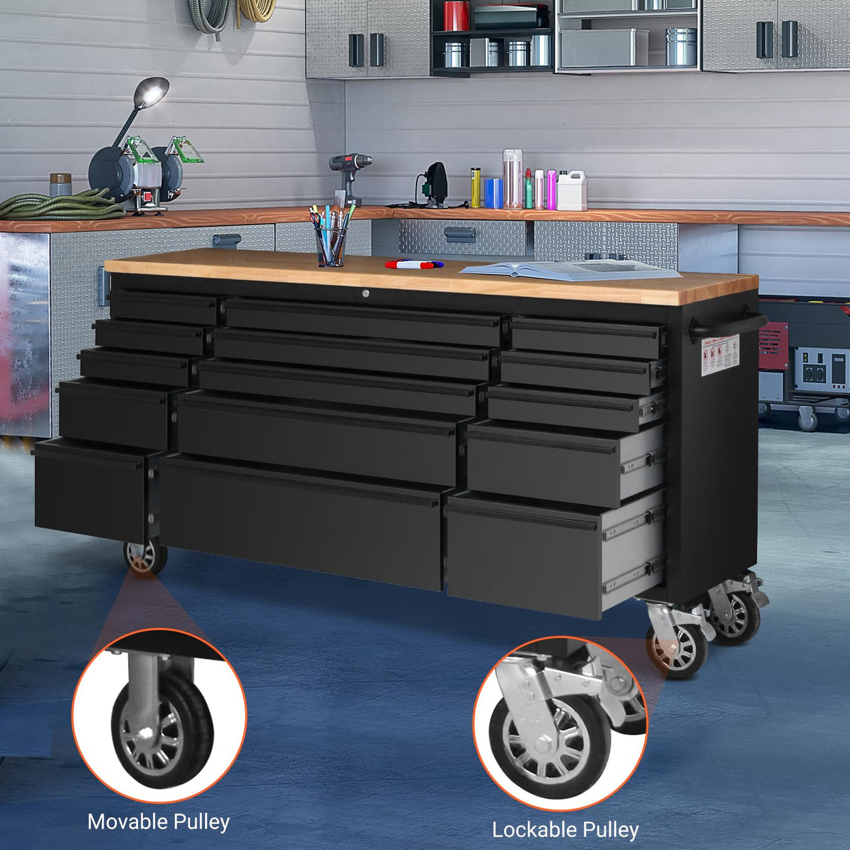 GarveeTech 72 in Rolling Tool Chest Cabinet, Mobile Workbench with 15 Drawers & Rubberwood Tabletop, Tool Organizer for Garage/Workshop/Warehouse, Black GarveeTech