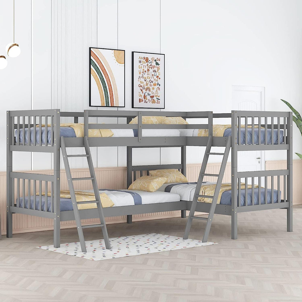 MERITLINE L-Shaped Quad Bunk Bed, Four Bunk Bed Twin Over Twin with Angle Ladder,Wooden Corner 4 Bed Bunk Bed for Kids, Teens, Adults, No Box Spring Needed (Twin, Grey) MERITLINE