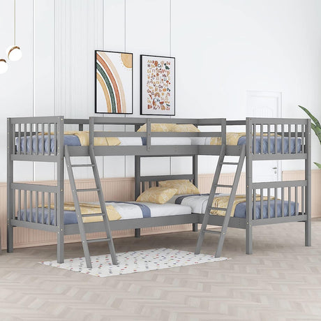 MERITLINE L-Shaped Quad Bunk Bed, Four Bunk Bed Twin Over Twin with Angle Ladder,Wooden Corner 4 Bed Bunk Bed for Kids, Teens, Adults, No Box Spring Needed (Twin, Grey) MERITLINE