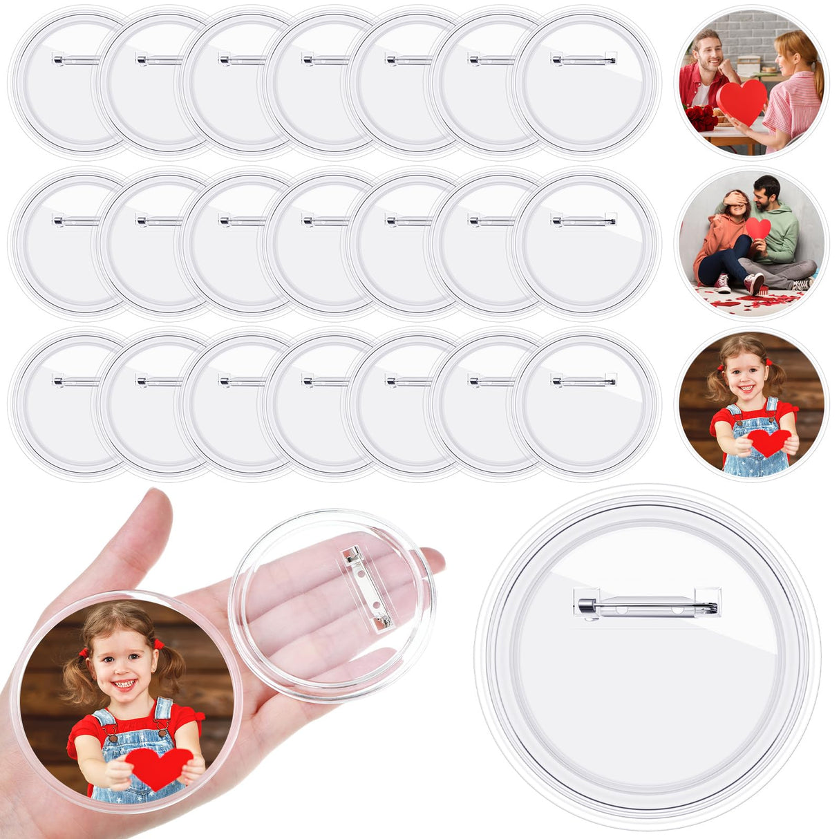 Daifunli 24 Pcs Sublimation Buttons Blanks with Pins 3 Inch Sublimation Buttons Pins Clear Acrylic Heat Transfer Blank Buttons Make Your Own Button Pin Badge for DIY Valentine's Day Craft Gifts Daifunli