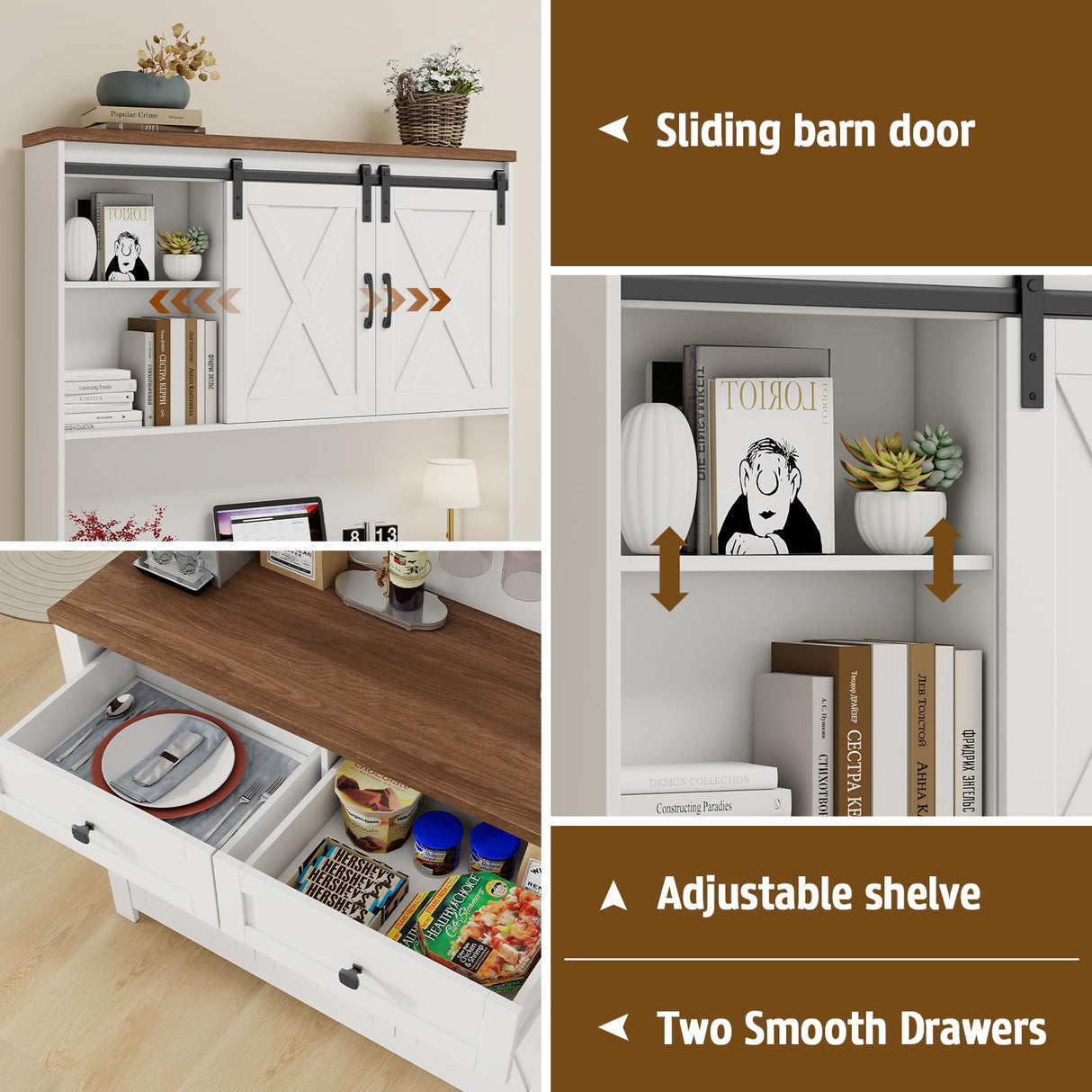 67.7 Inch Farmhouse Pantry Storage Cabinet with Sliding Barn Doors, 2 Drawer Farmhouse Coffee Cabinet with Adjustable Shelf, Buffet Cabinet with Buffet Cupboard for Kitchen, Livingroom Vabches