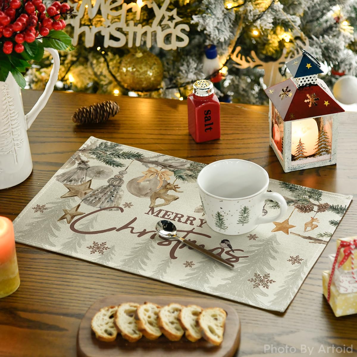 Artoid Mode Pine Branch Ornament Merry Christmas Placemats Set of 4, 12x18 Inch Seasonal Winter Table Mats for Party Kitchen Dining Decoration Artoid Mode