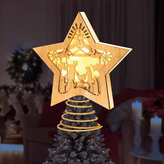 Nativity Christmas Tree Topper Lighted Star Tree Topper Treetop for Christmas LED 3D Nativity Theme Christmas Tree Decorations Wooden Treetop Xmas Tree Decor Ornaments Nativity Tabletop 10 X 8.5 in