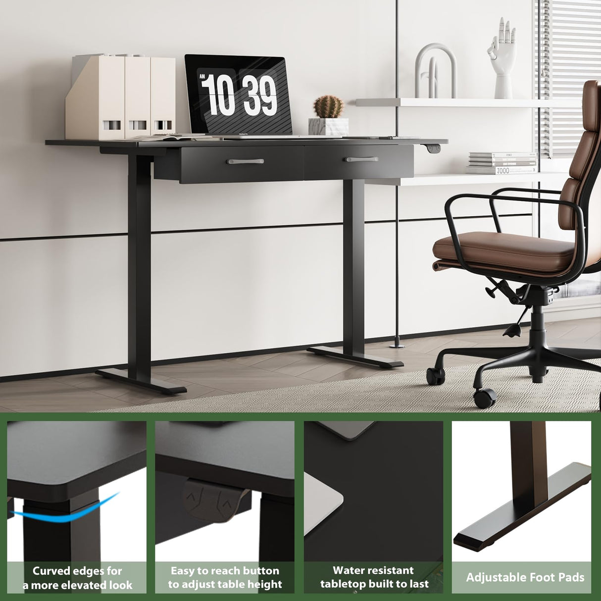 Our Modern Space 2-Drawer Height Adjustable 45" Electric Standing Desk - Upgraded Ultra Durable Home Office Large Rectangular Computer Table or Laptop Sit Stand Workstation - Black Our Modern Space