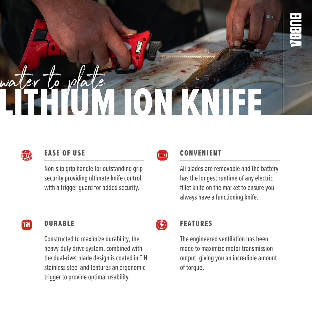 BUBBA Li-Ion Cordless Electric Fillet Knife with Non-Slip Grip Handle, 4 Ti-Nitride S.S. Coated Non-Stick Reciprocating Blades, Charger and Case for Fishing BUBBA