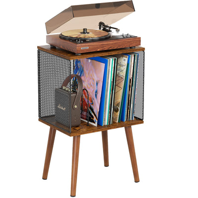 Yuzehuaza Record Player Stand with Storage up to 100 Albums,Small Vinyl Record Holder with Adjustable Divider, Retro Record Player Table with Wood Legs,Book/LP Record Shelf for Living Room Bedroom